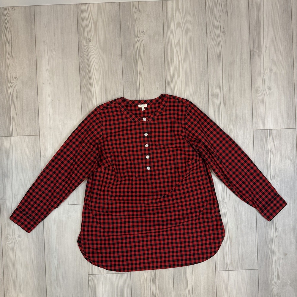 Talbots 1X Gingham Plaid Tunic Top Jewel Buttons Popover Blouse Black‎ & Red